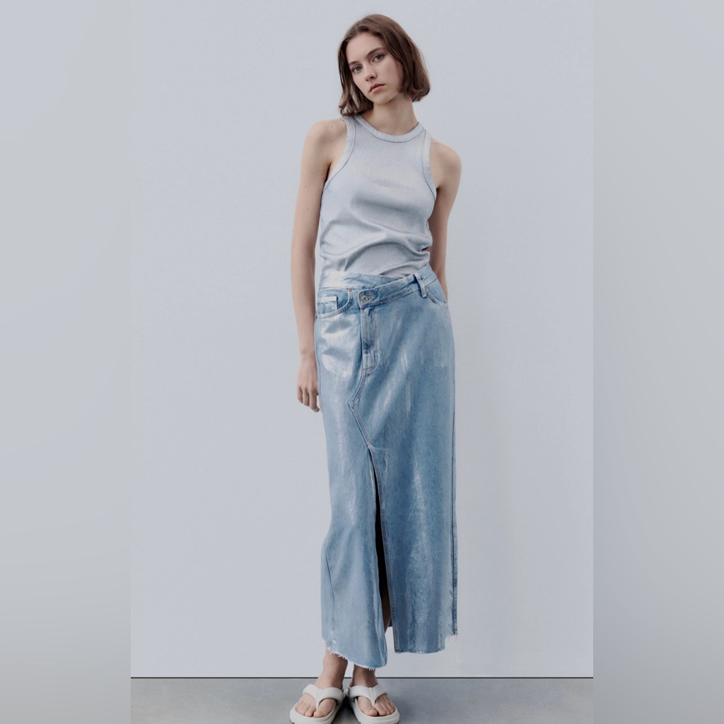 Nwt Metallic Denim Asymmetric Skirt